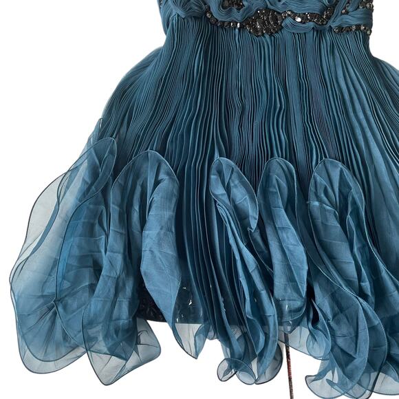 Marchesa Silk Knife Pleated Party Dress Strapless Black Crystals Teal 4 NWT - Picture 10 of 12
